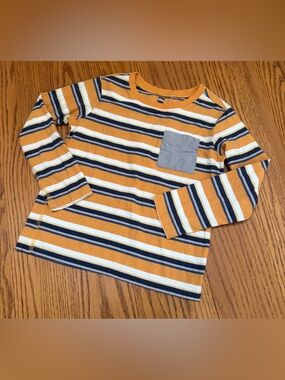 Tea Collection Mustard, Navy & White Striped Long-Sleeve Tee with Gray Pocket